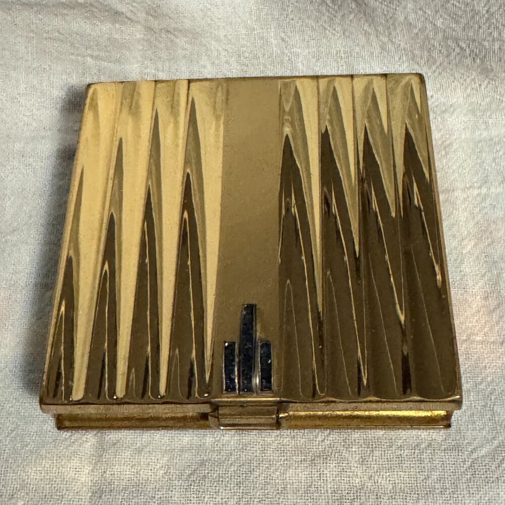 Vintage Henriette Compact 14K Gold Plated with Blue Rhinestones